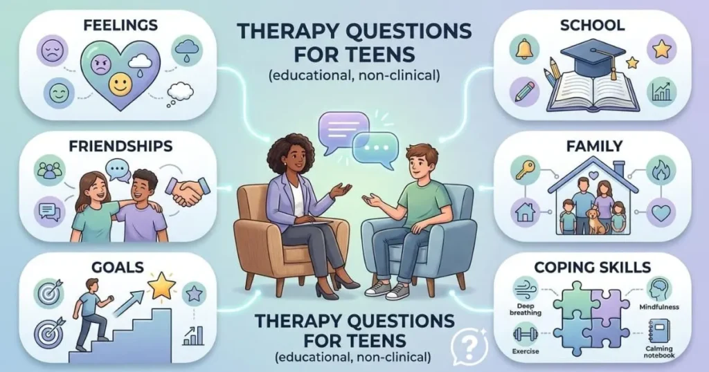 An educational infographic showing categories of therapy questions for teens with conversation and emotion icons.