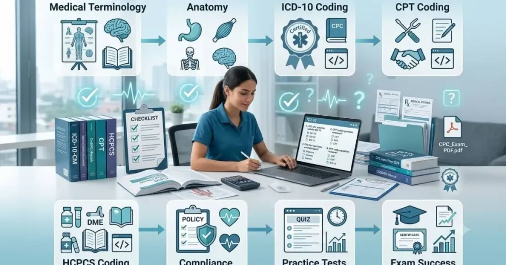 Medical coding student preparing for the CPC certification exam using practice questions, ICD-10 and CPT coding books, healthcare documents, and PDF study materials for exam success. 