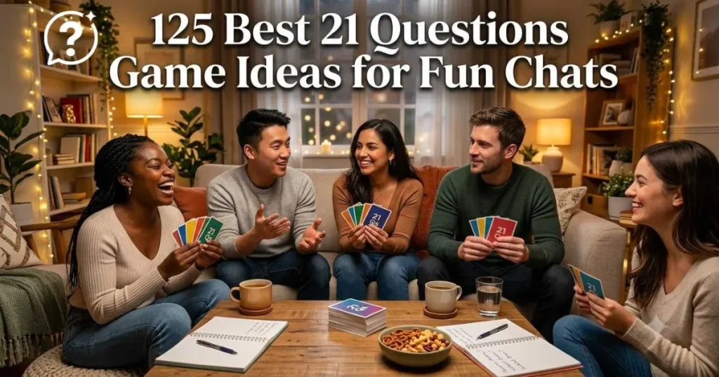 Friends exploring 21 questions game ideas with conversation cards, notebooks, and fun discussion prompts during a casual chat session.