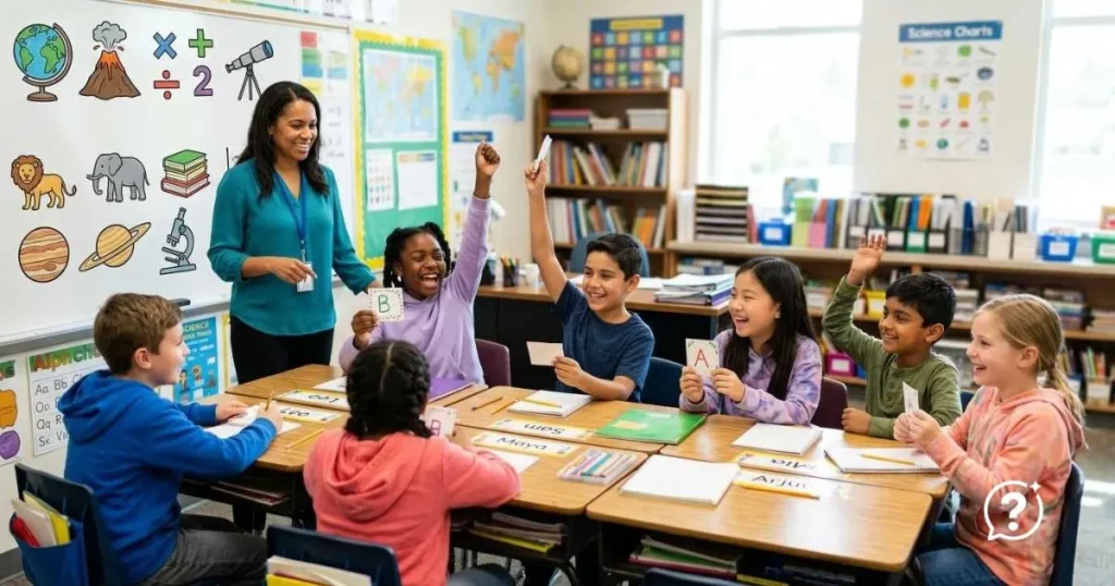 4th grade trivia questions organized into science, math, history, geography, and language arts categories with colorful classroom learning materials and quiz-themed educational objects. photo