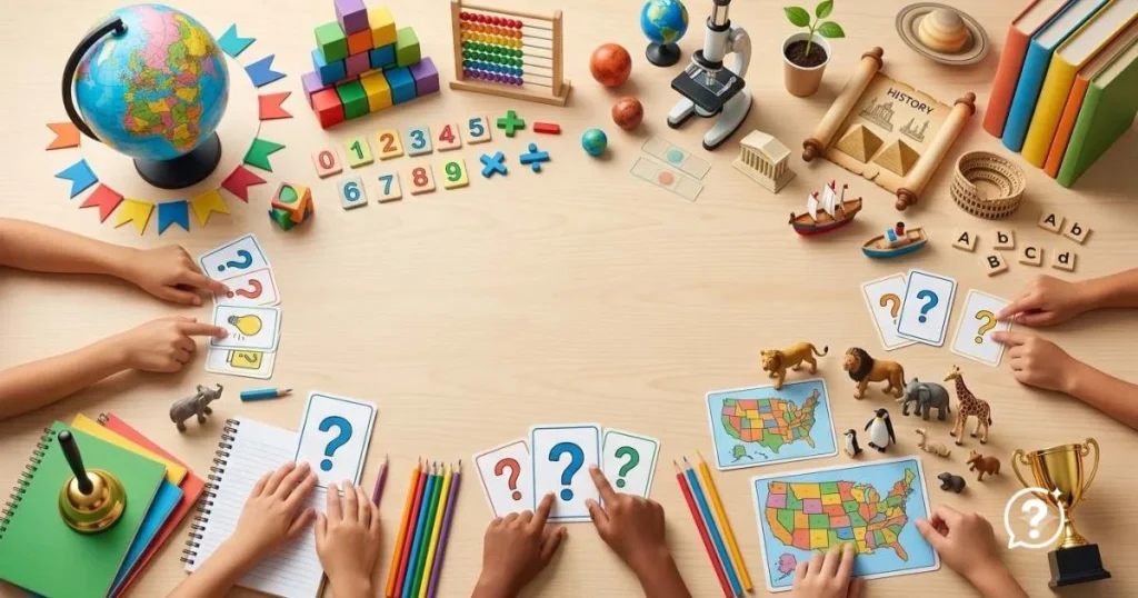 4th grade trivia questions organized into science, math, history, geography, and language arts categories with colorful classroom learning materials and quiz-themed educational objects.