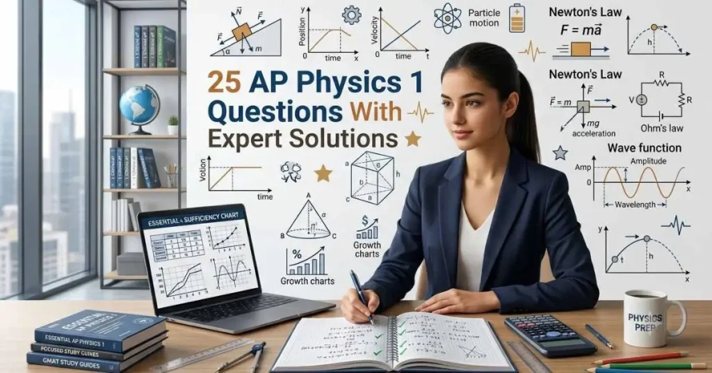 Student solving AP Physics 1 questions with diagrams covering mechanics, forces, motion, energy, momentum, circuits, and waves.