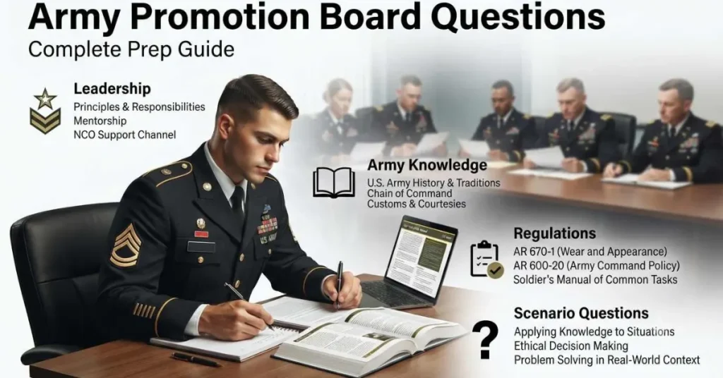 Infographic showing Army promotion board questions preparation with study topics, practice questions, and interview preparation.