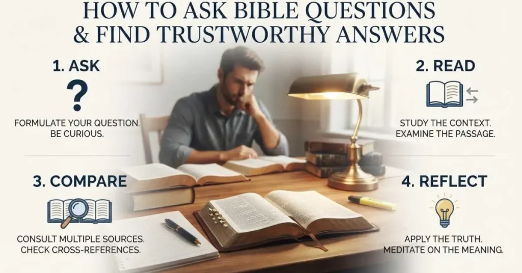 Infographic showing how to ask Bible questions and explore trustworthy answers using Scripture and careful study.