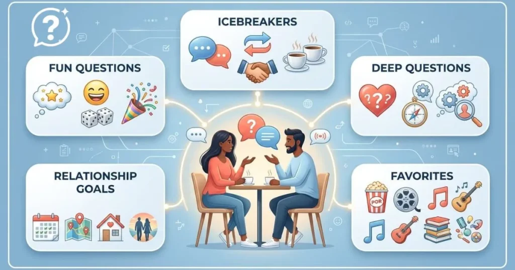 An infographic showing categories of dating questions for meaningful conversations