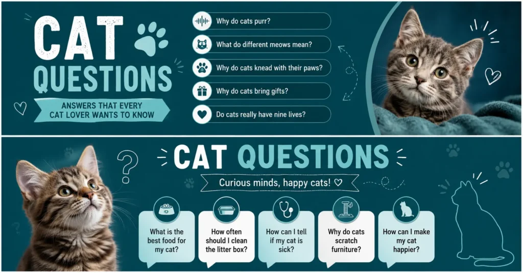 Cat questions infographic featuring common questions about purring, meowing, kneading, gifts, and nine lives.