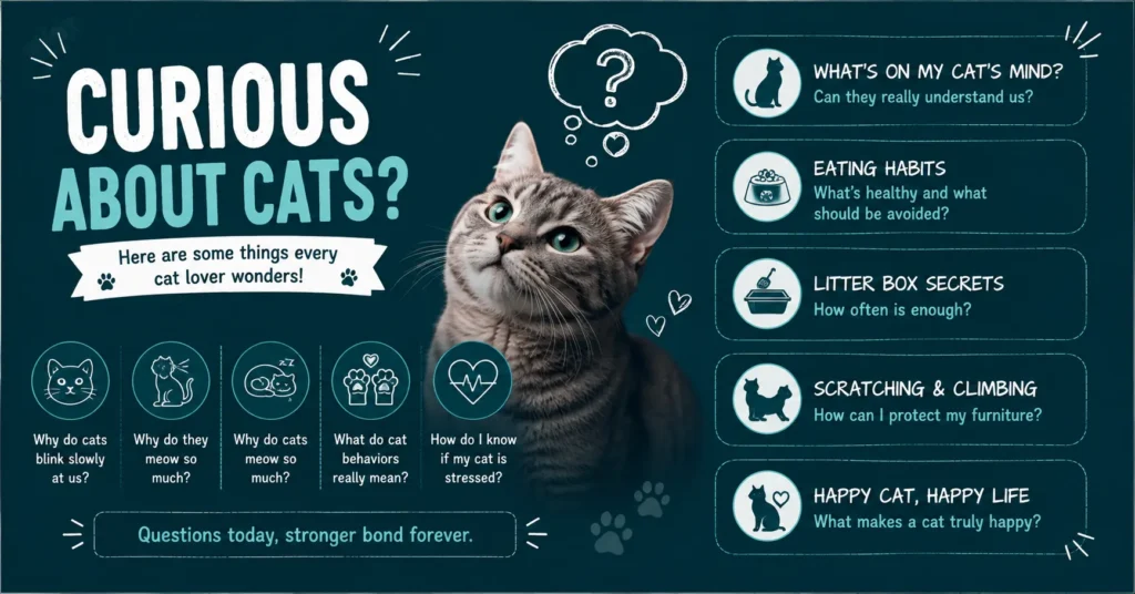 Cat questions infographic with a curious cat and common questions about cat behavior, eating, litter, scratching, and happiness.