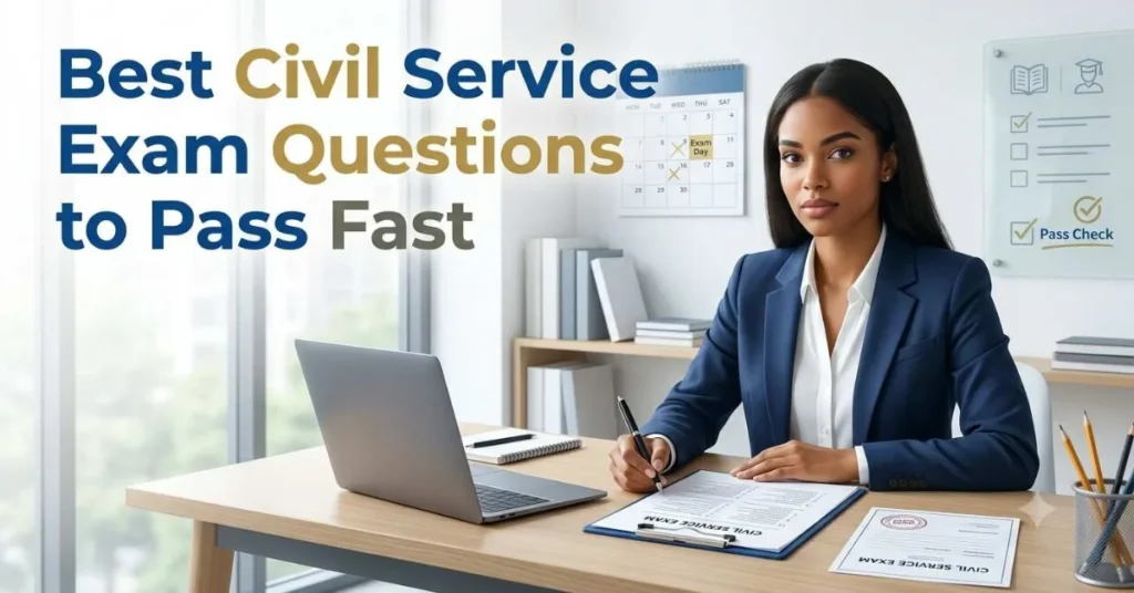 Infographic showing the best civil service exam questions, key test topics, and study steps to pass the exam faster.
