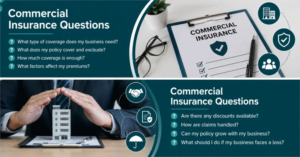 Commercial insurance questions infographic about policy coverage, premiums, discounts, and contacting an insurance provider.