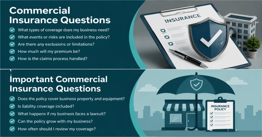 Commercial insurance questions infographic covering business coverage, policy limits, exclusions, claims, and policy growth.