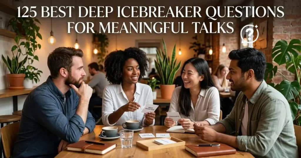 Friends discussing deep icebreaker questions with conversation cards, notebooks, and thoughtful discussion prompts during a meaningful group talk.