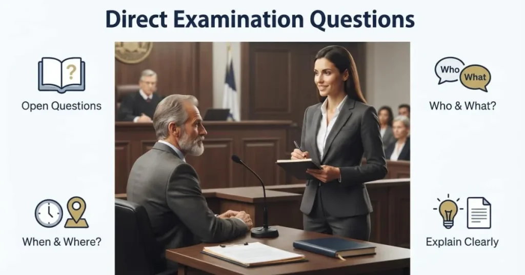 Infographic showing direct examination questions used by an attorney during witness testimony. 