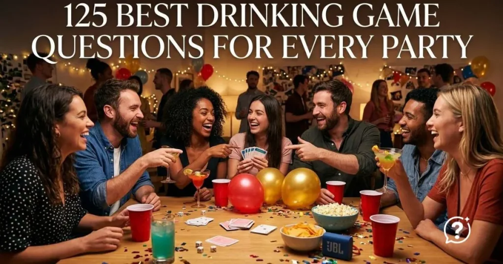 Adults enjoying drinking game questions with party cards, dice, cups, snacks, and fun conversation during a friendly game night.