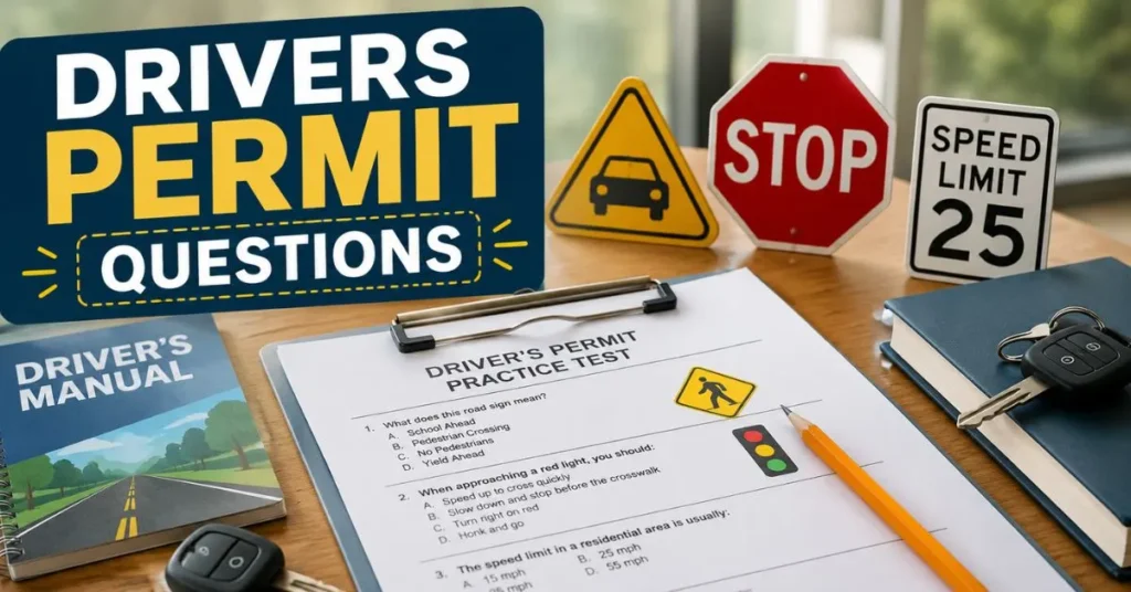 Drivers permit questions practice test with road signs, driver’s manual, clipboard, and study materials.