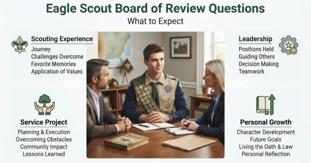 Infographic explaining Eagle Scout Board of Review questions with preparation topics and common question categories.