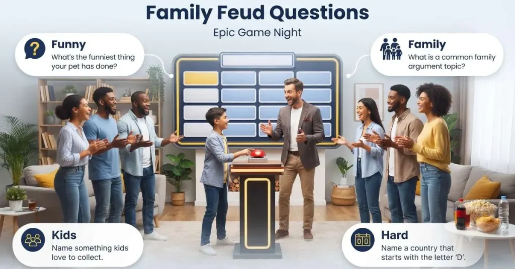 Family Feud questions infographic showing a fun team game with a host, answer board, and family members competing.