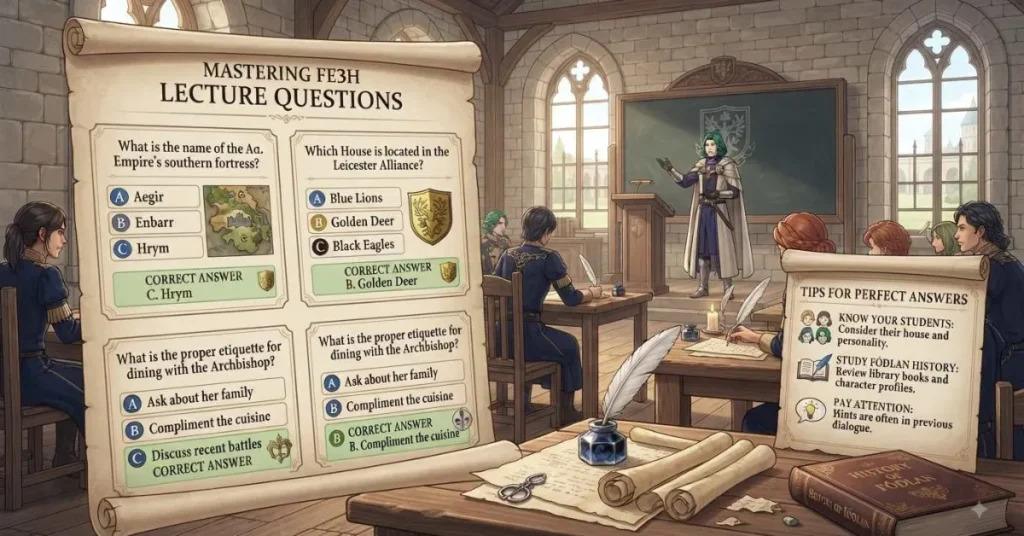FE3H lecture questions infographic with classroom notes, answer choices, and helpful tips for Fire Emblem Three Houses players.
