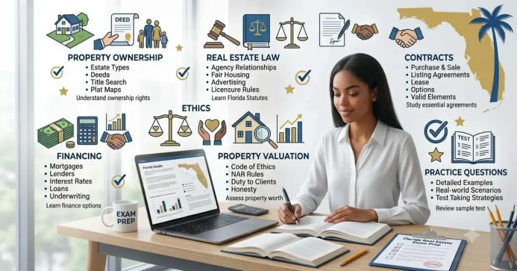 Infographic showing the main topics covered in the Florida real estate exam including contracts, laws, financing, and practice questions. 