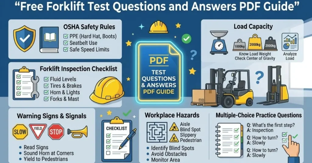 Free Forklift Test Questions and Answers PDF Guide infographic showing forklift safety rules, inspection checklist, practice test questions, OSHA tips, and certification exam preparation.