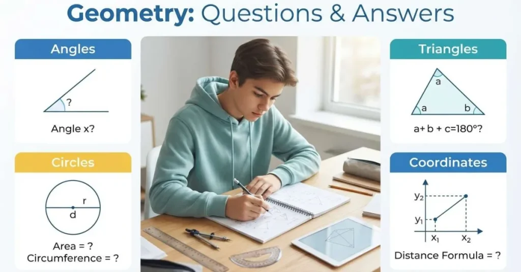 Infographic showing geometry questions and answers with triangles, circles, angles, and coordinate geometry.