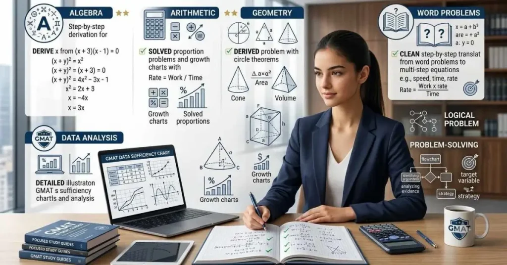 Student solving GMAT math questions with step by step solutions covering algebra, geometry, arithmetic, and quantitative reasoning concepts.