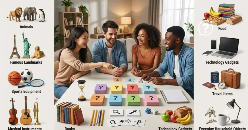 Friends playing the 20 Questions game using question cards, notebooks, and clues while enjoying a fun conversation challenge.