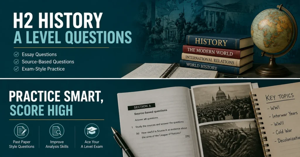 H2 History A Level questions with essay and source-based exam practice, history books, globe, and study notes.