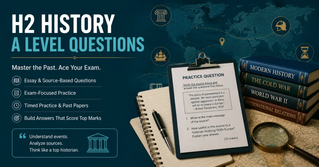 H2 History A Level questions practice with source analysis, past papers, modern history books, world map, and exam study materials.