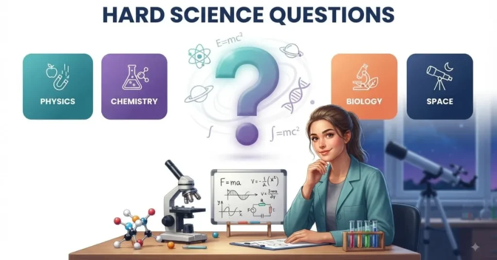 Infographic featuring hard science questions with physics, chemistry, biology, and space science challenges.