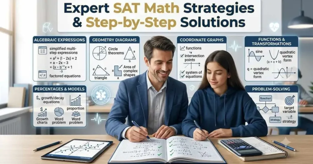 Student solving the hardest SAT math questions with expert step-by-step solutions and advanced algebra and geometry concepts displayed in an educational infographic.