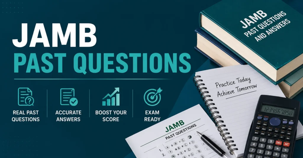 JAMB past questions and answers with study books, notebook, calculator, and multiple-choice exam sheet for students.