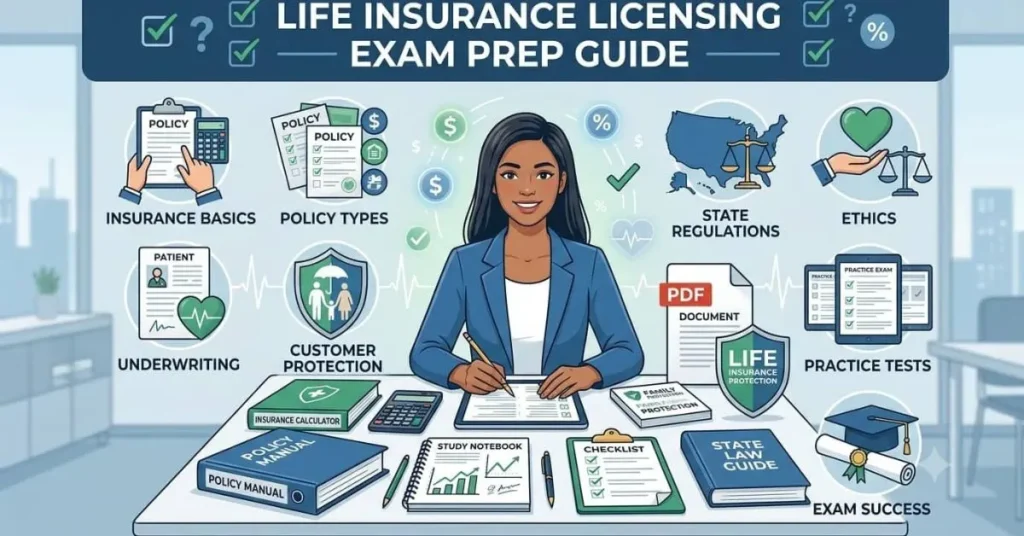 Student studying life insurance exam questions and answers with insurance policy documents, calculator, PDF study guide, and financial planning icons for insurance licensing exam preparation.