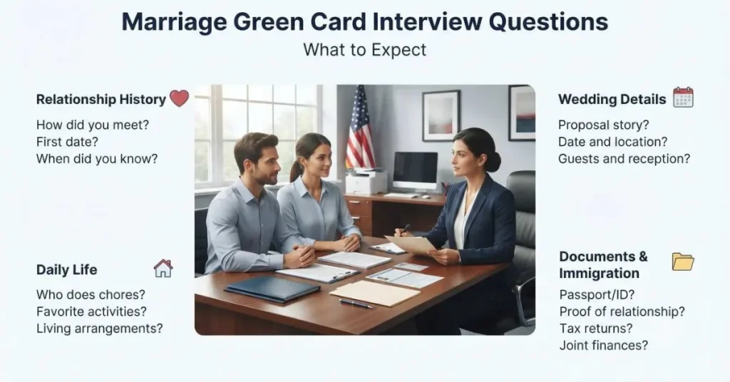 Infographic showing marriage green card interview questions and key topics couples may prepare for before the interview.