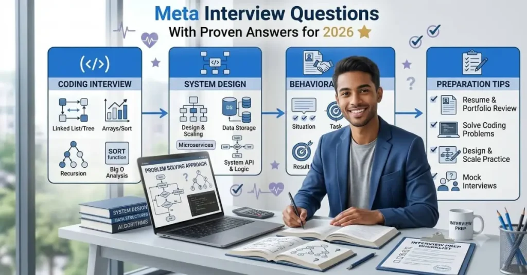 Meta Interview Questions With Proven Answers for 2026 infographic showing coding, system design, behavioral interview stages, and preparation tips for software engineering candidates.