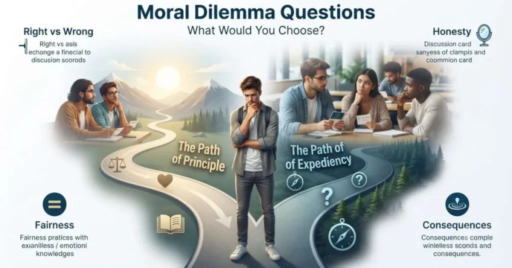 Infographic showing moral dilemma questions with ethical choices, decision-making, and values represented through simple scenarios.