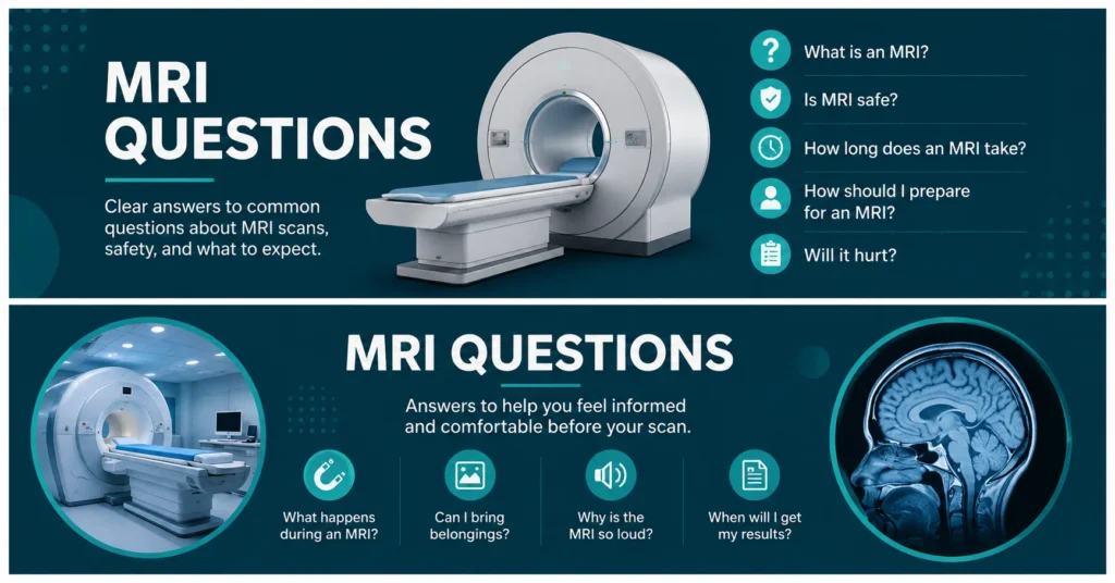 MRI questions infographic showing an MRI scanner with common questions about MRI safety, preparation, scan time, and what to expect.