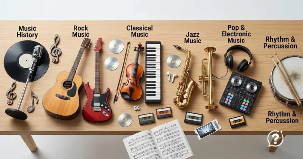 Music trivia questions illustrated with instruments, music genres, headphones, vinyl records, and audio equipment.