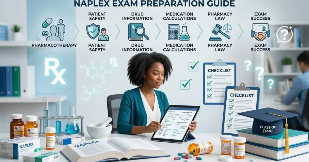Pharmacy student preparing for the NAPLEX exam using practice questions with prescription medications, pharmacy tools, and healthcare icons representing exam preparation and pharmacist certification success.