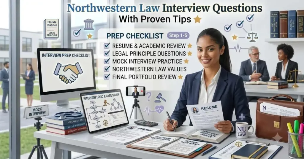 Northwestern Law interview preparation with student reviewing questions and tips