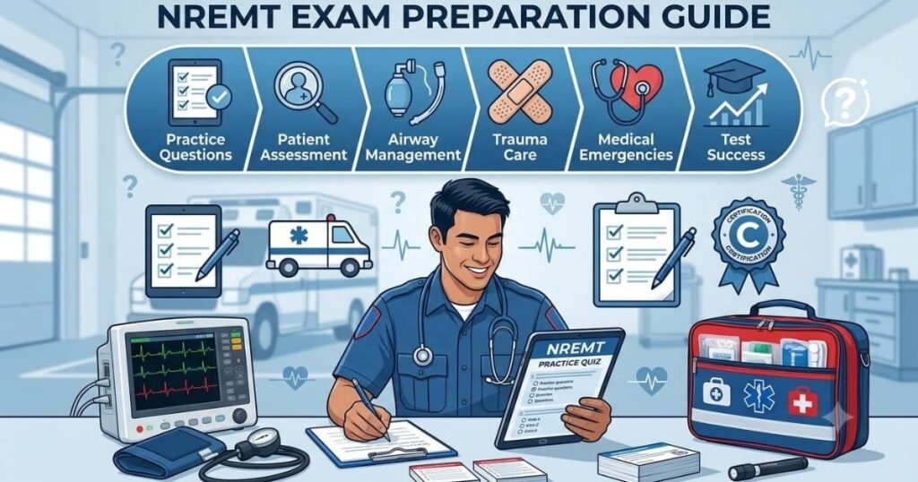 EMT student preparing for the NREMT exam using practice questions with emergency medical equipment and healthcare icons representing exam study and certification success.