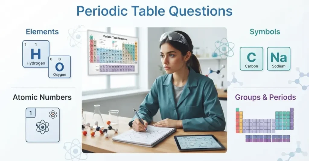 Infographic showing periodic table questions with elements, symbols, atomic numbers, and chemistry study concepts.