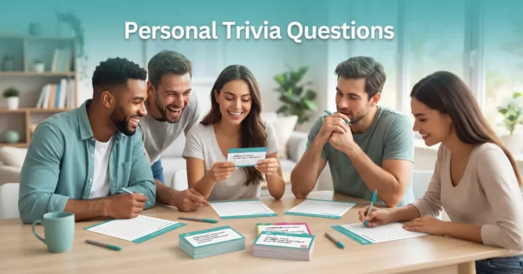 Personal trivia questions shown with quiz cards and answer sheets for a fun group game