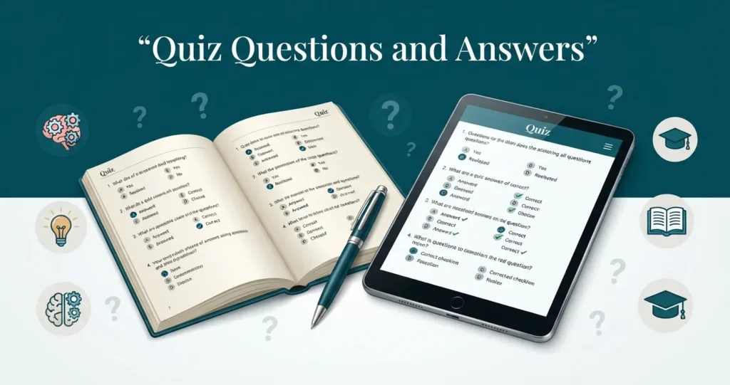 Quiz questions and answers with multiple-choice questions, answer cards, and educational quiz elements in a professional design.