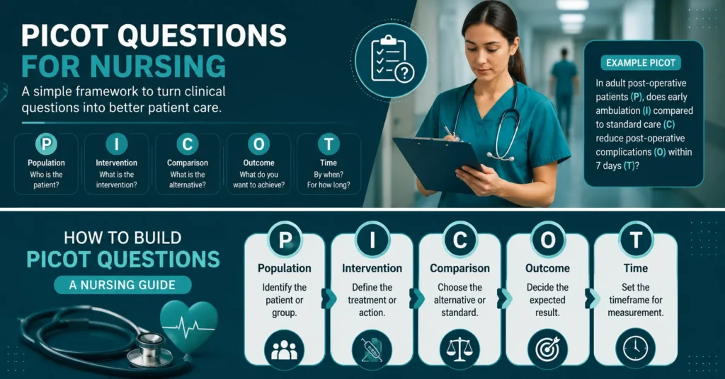 PICOT questions for nursing infographic explaining Population, Intervention, Comparison, Outcome, and Time with a clinical example.