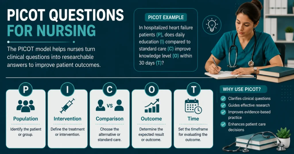 PICOT questions for nursing educational infographic showing the PICOT framework, example question, and benefits for evidence-based nursing practice.