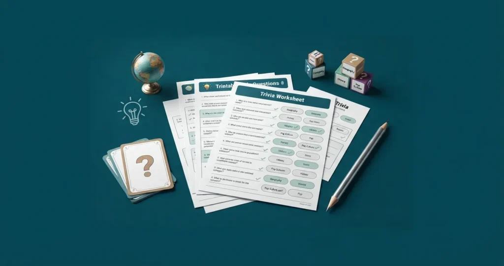 Printable trivia questions and answers worksheet with quiz cards, pencil, and educational elements on a teal background.