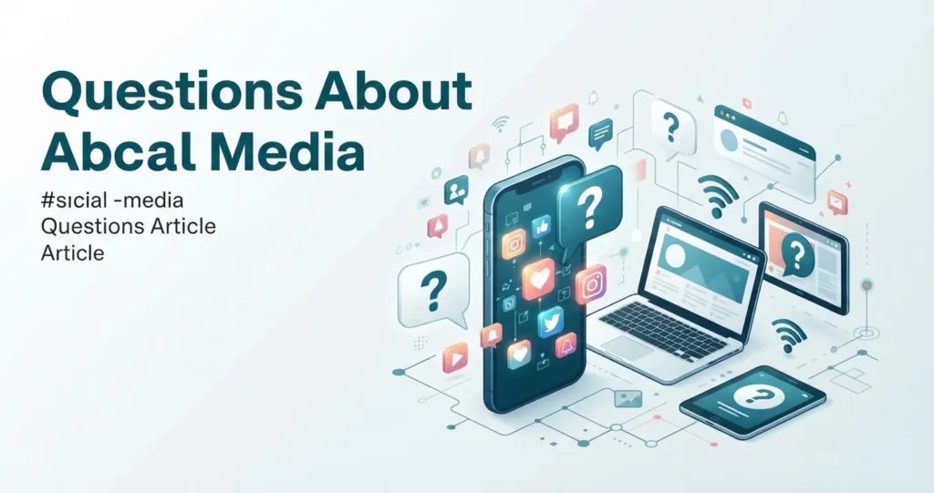 Questions About Social Media featuring social media icons, smartphone, chat bubbles, and digital communication elements.