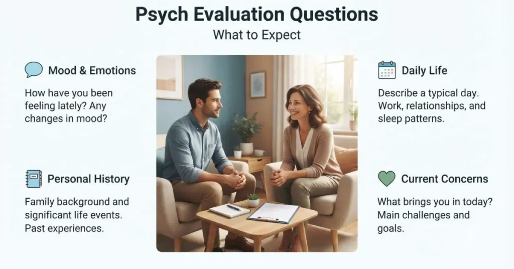 Infographic showing psych evaluation questions with common assessment topics such as mood, daily life, and personal history.