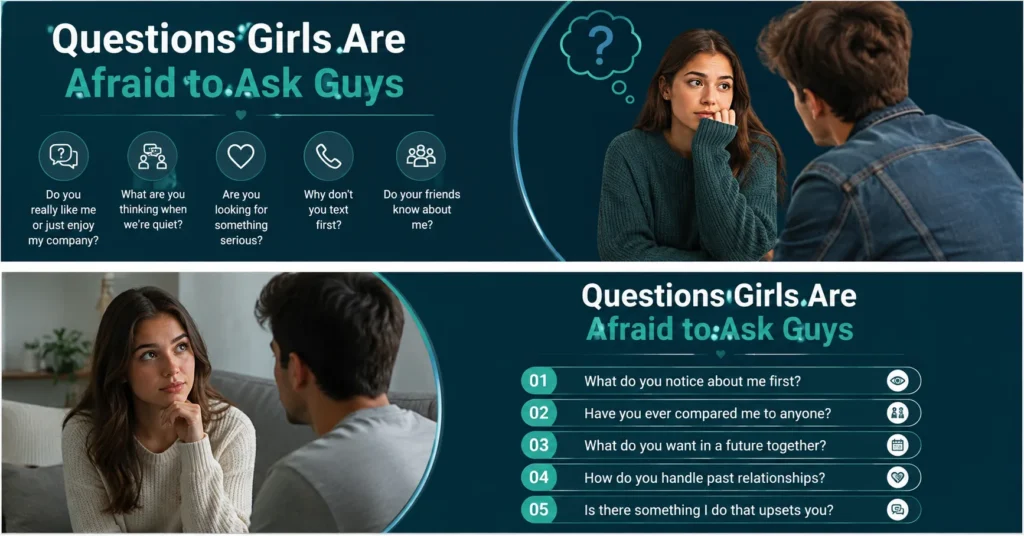 Questions girls are afraid to ask guys, featuring thoughtful conversation prompts about feelings, attraction, communication, and relationships.