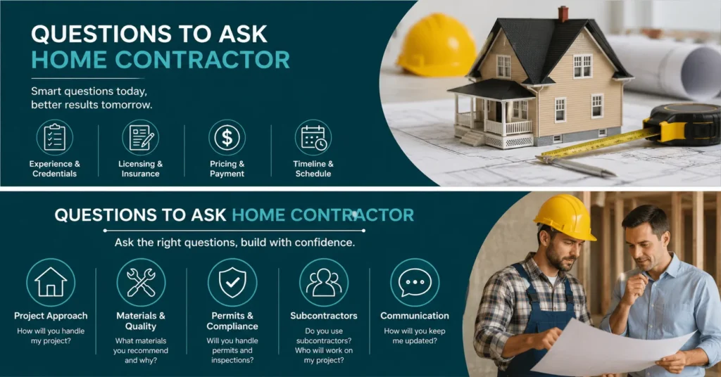 Questions to ask home contractor about licensing, experience, references, project timeline, permits, pricing, and quality of work.
